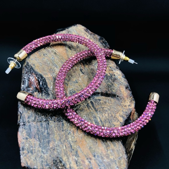 bebe Pink Rhinestone Studded Hoop Earrings - Picture 8 of 10